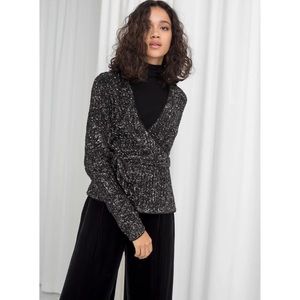 & Other Stories Sequin Wrap Top Plunge V-Neck Long Sleeve Blouse Black Size 0